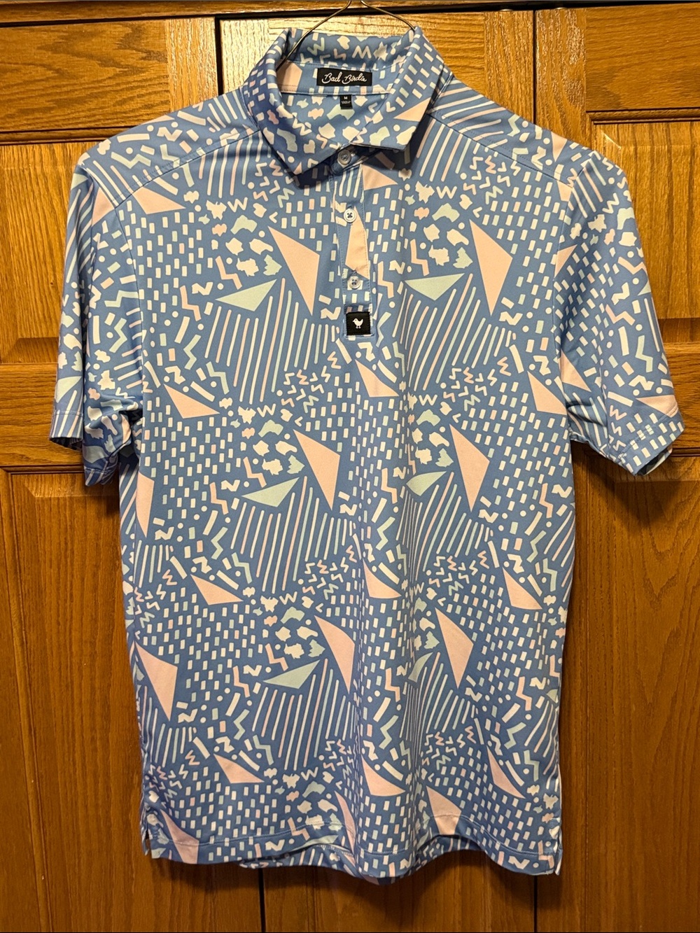 Bad Birdie Blue & Pink Geometric Print Polo Shirt- Medium